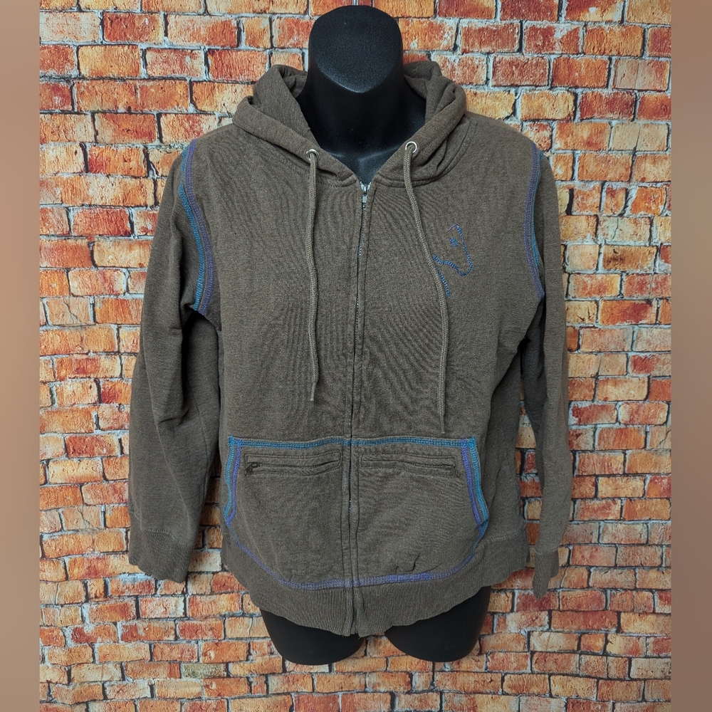 Wrangler Brown Zip-Up Hoodie with Blue & Purple Embroidery Top Stitch Detail
